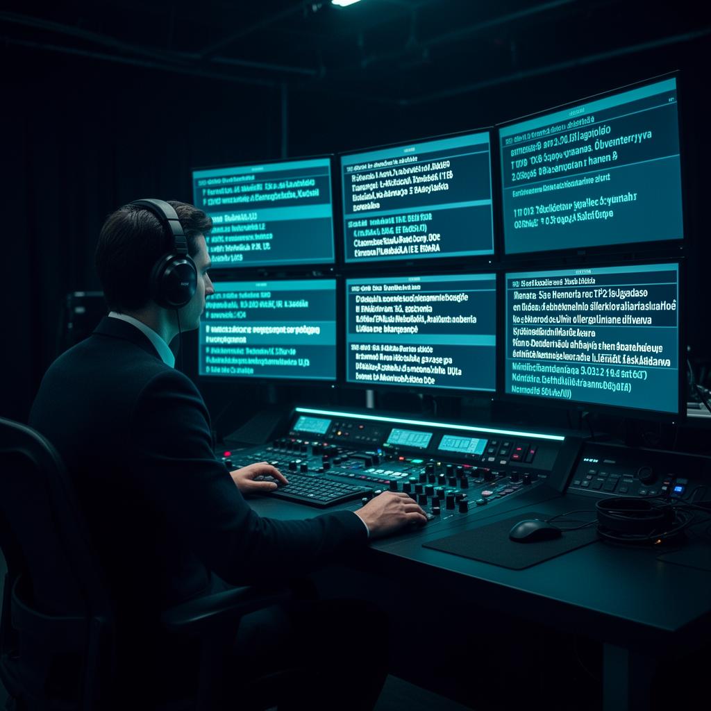 Operador monitorando legendas ao vivo em múltiplos idiomas